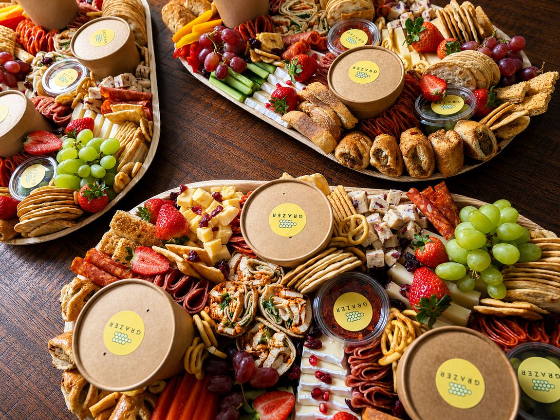 Three Grazer Liverpool graze boards on a table, loaded with cheeses, cured meats, fruit and crackers