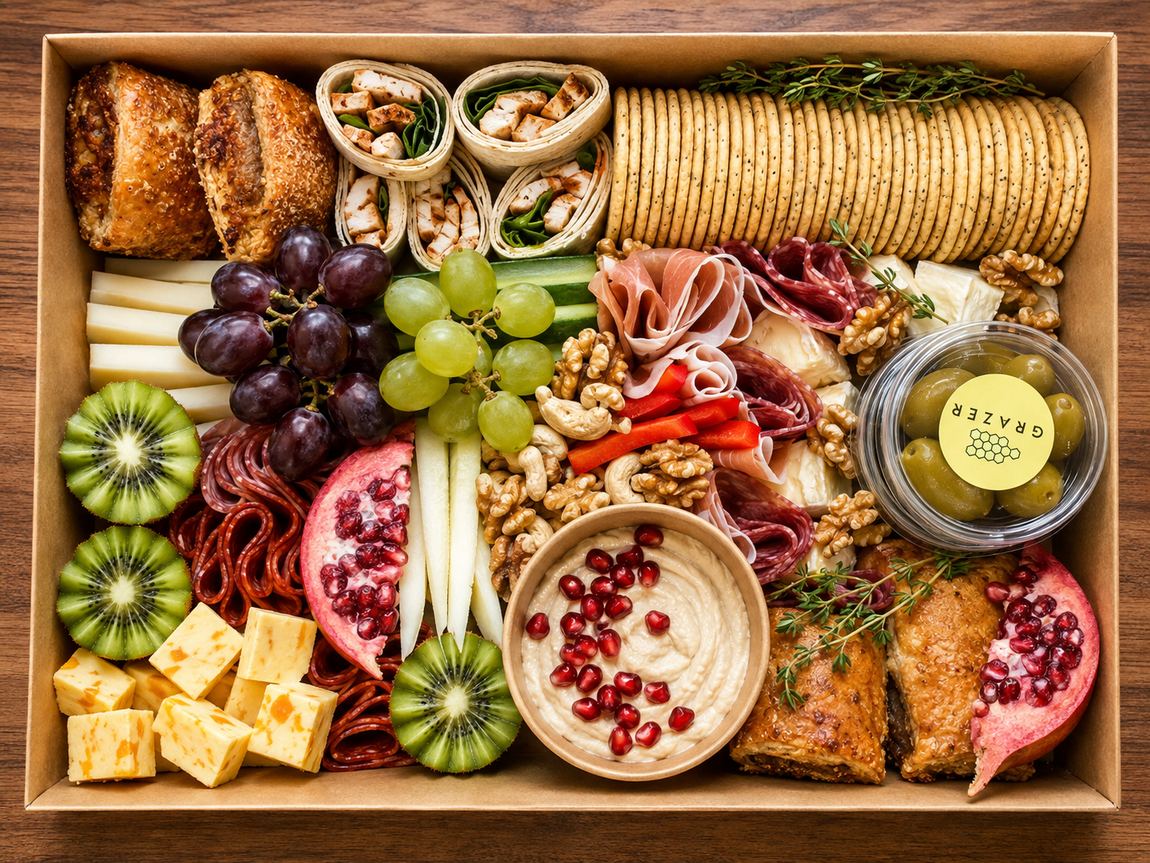 Graze box packed with cheeses and cured meats