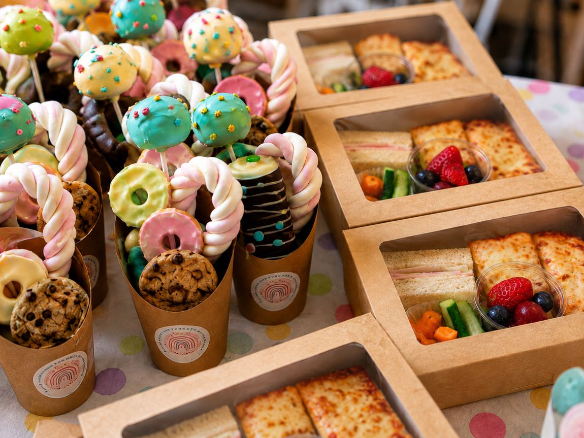 Children's party food boxes and sweet cups with cake pops and cookies