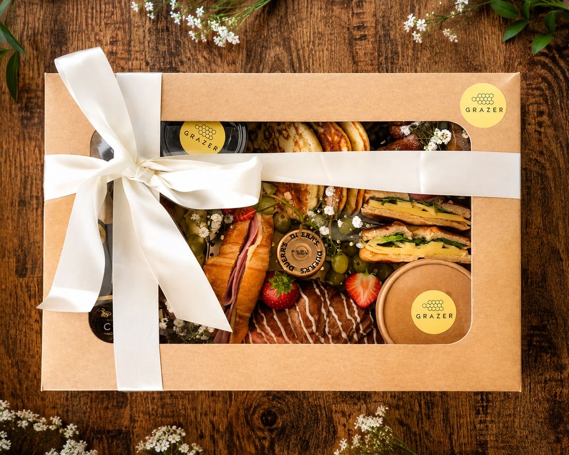 Wedding morning brunch box with prosecco